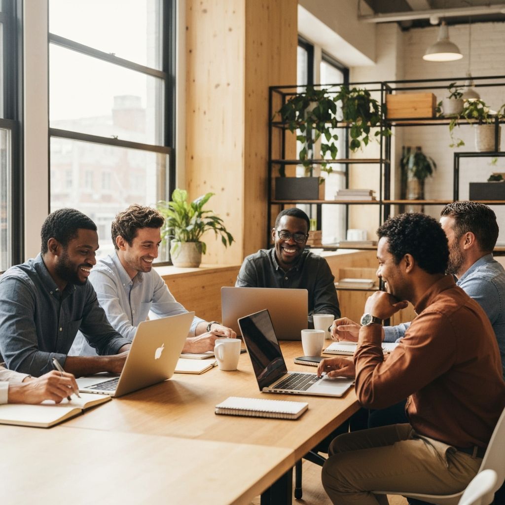 Nonprofit team collaborating in a bright modern workspace